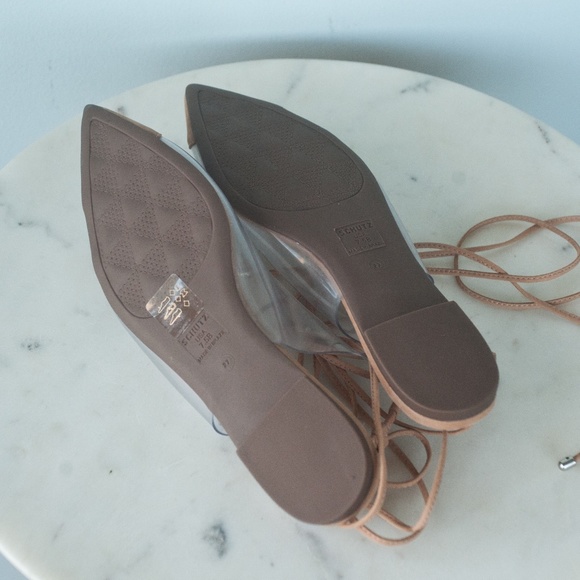 Schutz Clear Vinyl Pointed Toe Rhinestone Ankle Wrap Flats - Picture 11 of 11